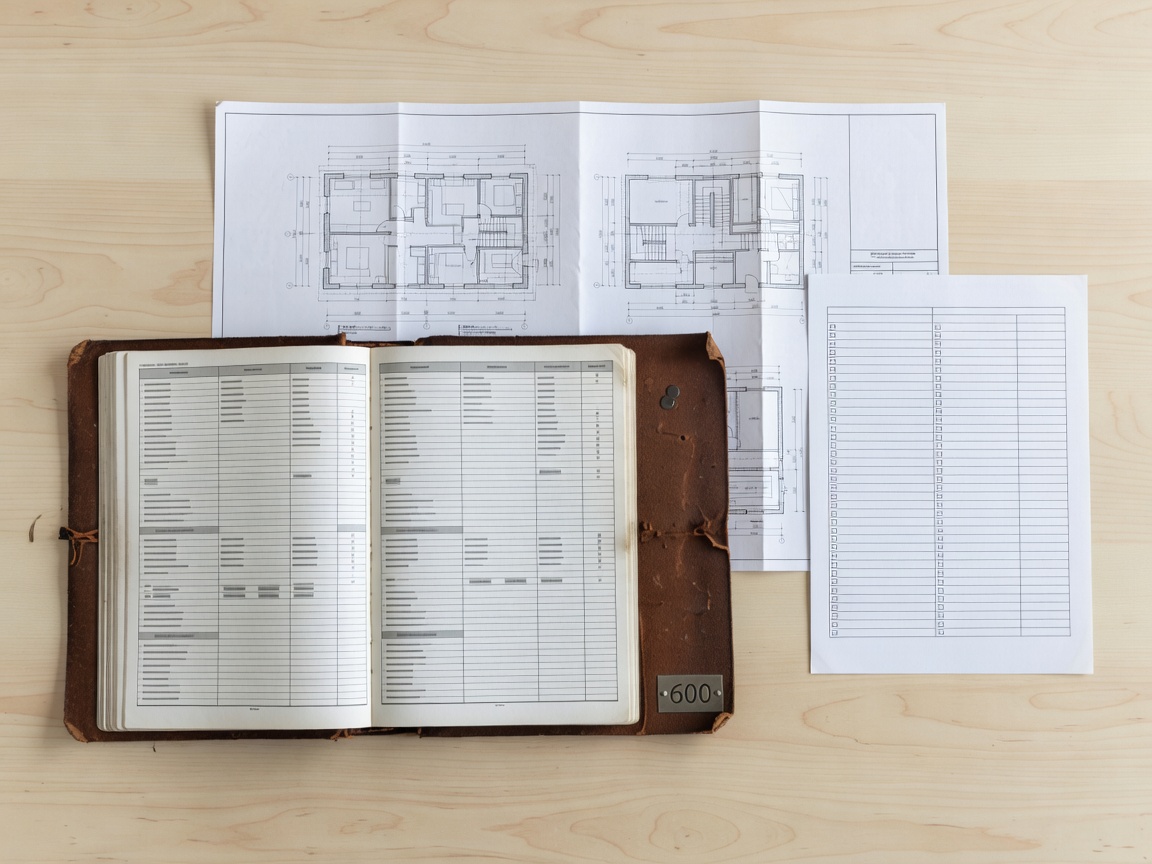 Detailed condition logbook, inspection checklist, and architectural drawings arranged neatly