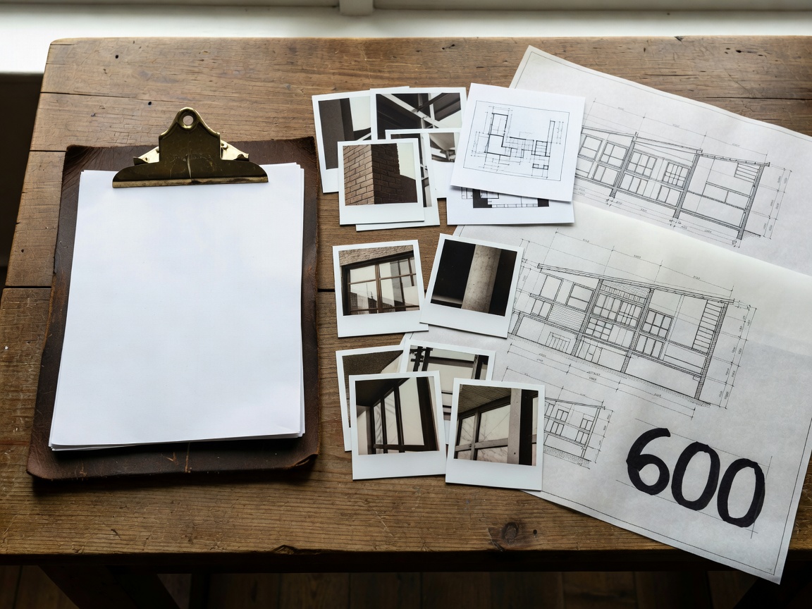 Documentation clipboard and photographic notes arranged next to architectural drawings