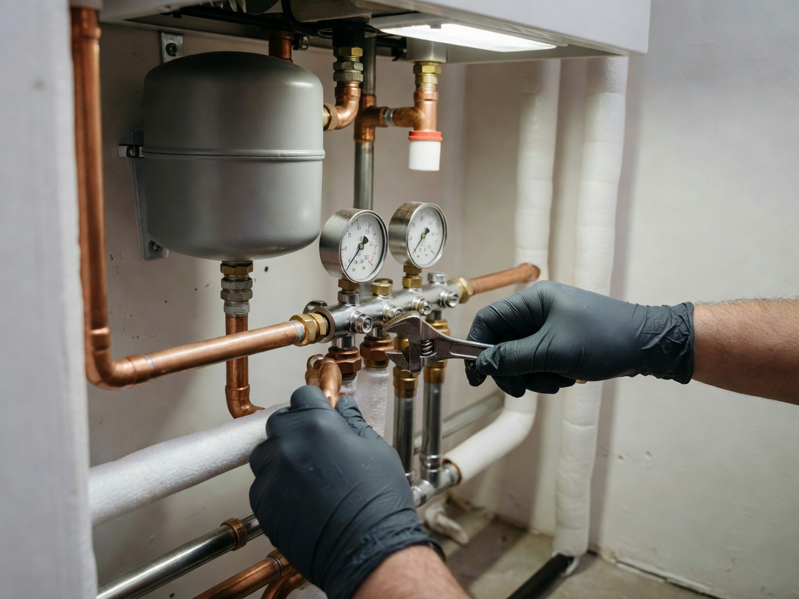 Domestic heating system pipes, expansion vessel, and pressure gauges being checked during planned maintenance