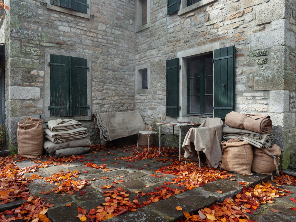 European stone villa patio and closed storm shutters prepared for cold autumn winds