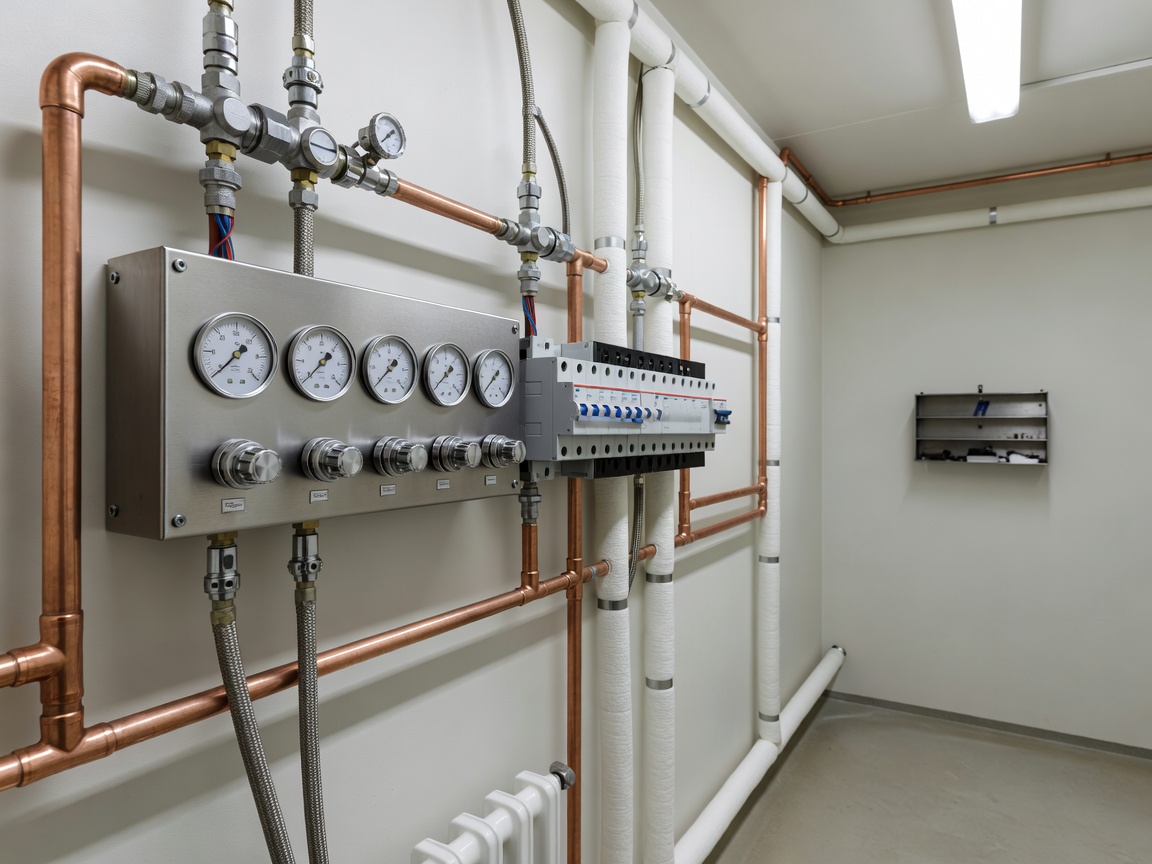 Inspected domestic heating controls and pressure gauges in an orderly utility space