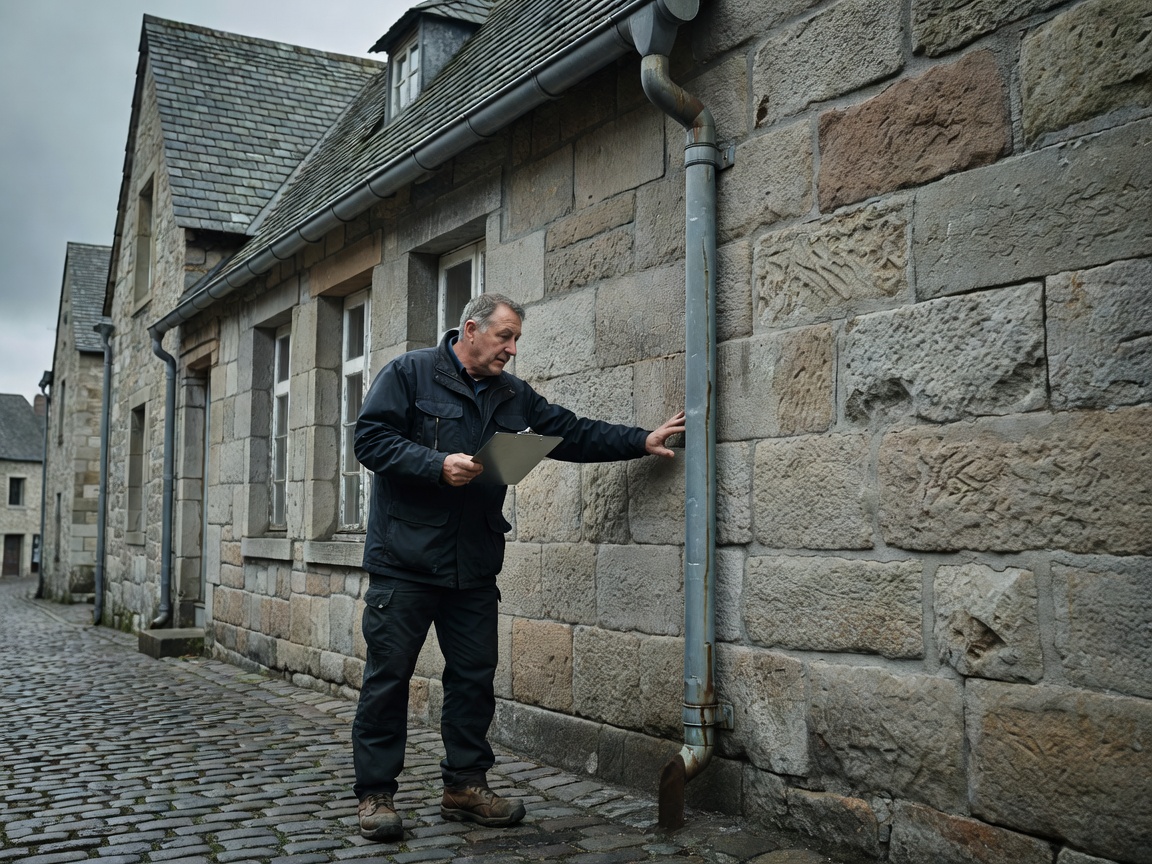 Inspector examining external stone perimeter wall, mortar joints, and downspout drainage channel