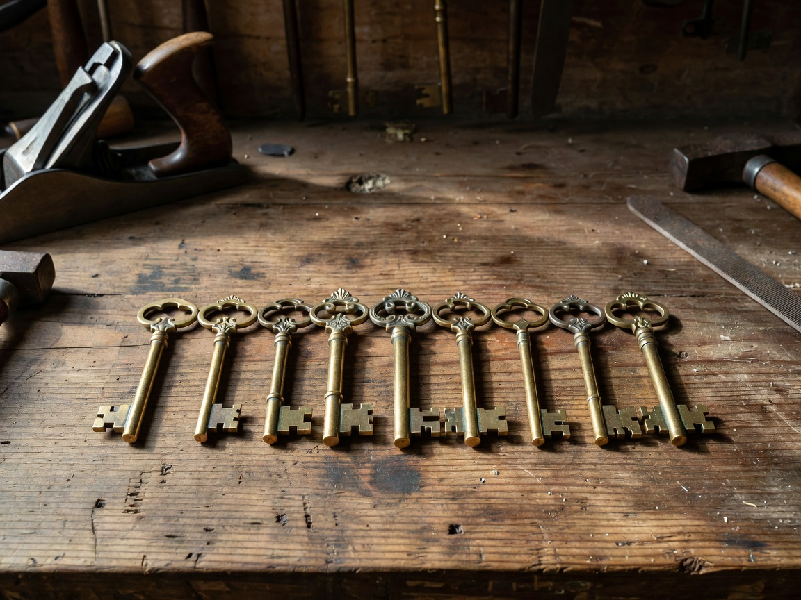 Set of traditional brass European keys resting neatly on a timber work table