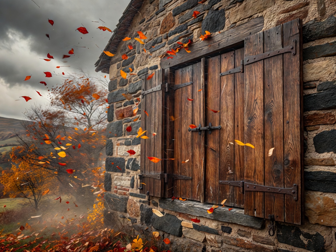 Traditional solid wood window shutters locked against autumn winds on a rural stone home