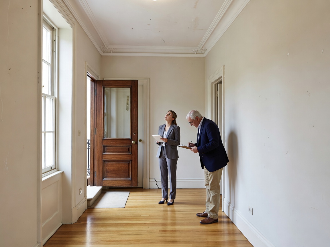 Well-lit hallway and entryway of a European townhouse undergoing walk-through inspection